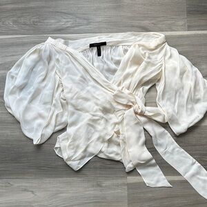BCBG MAXAZRIA goddess cream silk-Waist Puff Sleeve Wrap Top